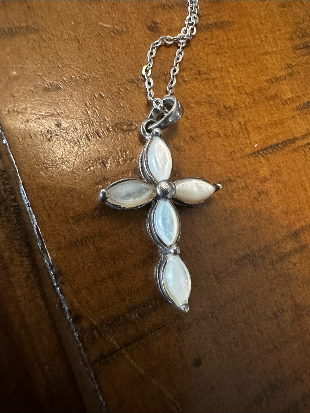 Vintage Sterling Silver Cross Necklace with White Mother-of-Pearl